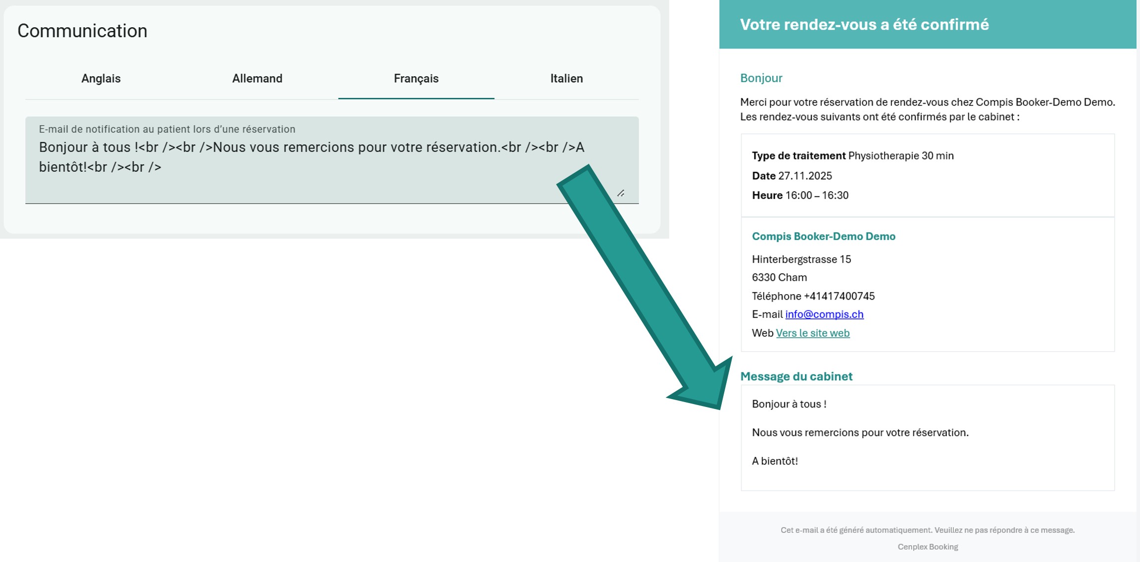Message de réservation