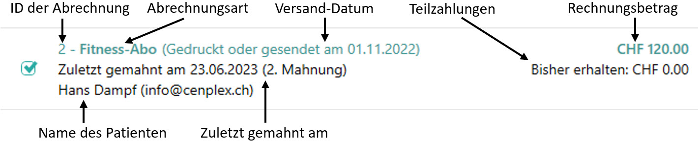 Angaben in einem Mahnungseintrag