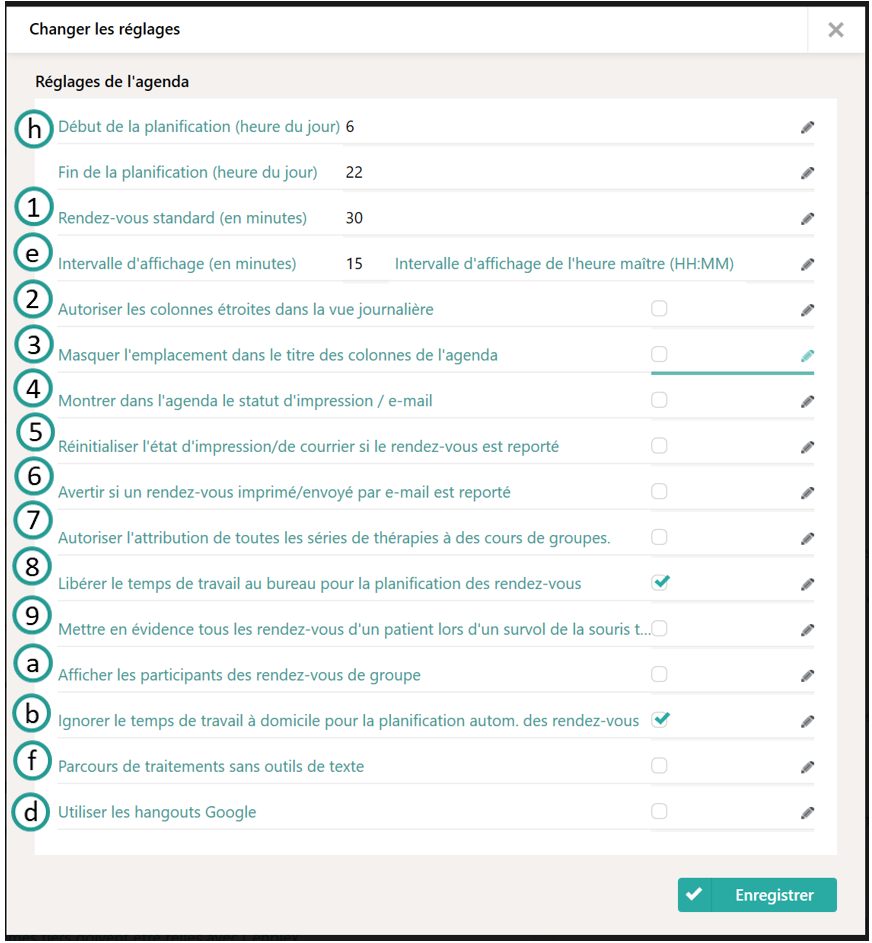 Réglages de l'agenda