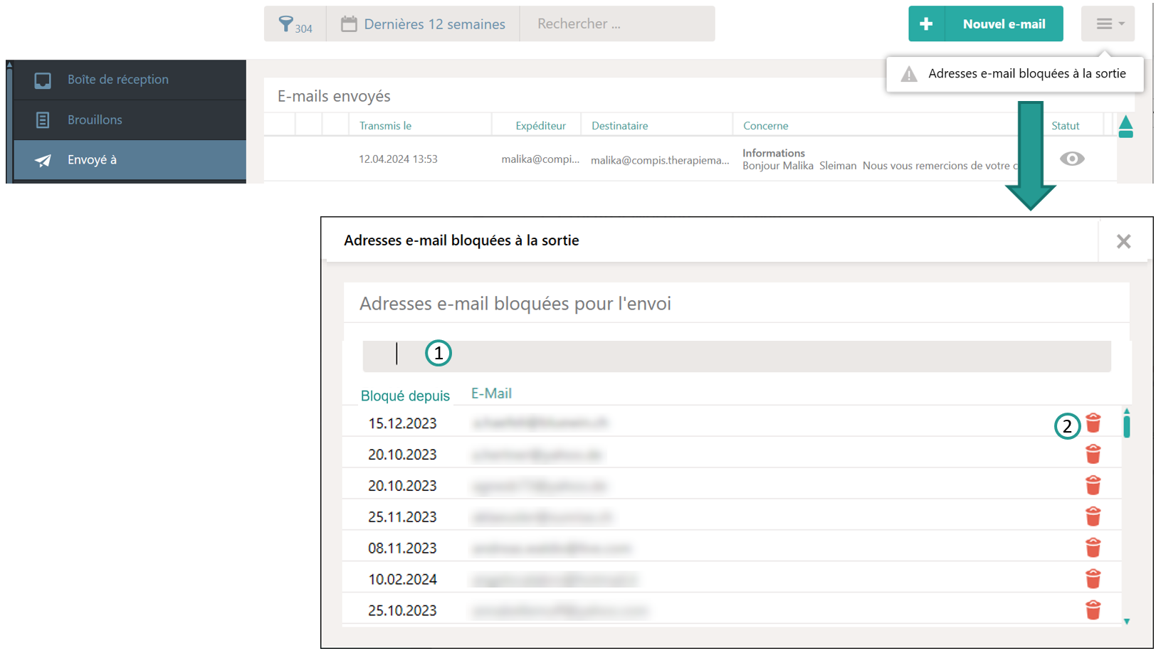 Liste des e-mails bloqués