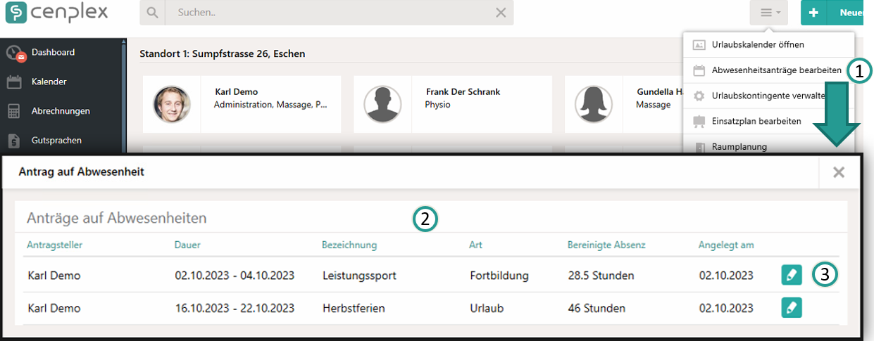 Antr&auml;ge auf Abwesenheit