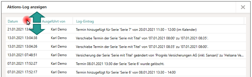 Beispiel f&uuml;r ein Aktions-Log