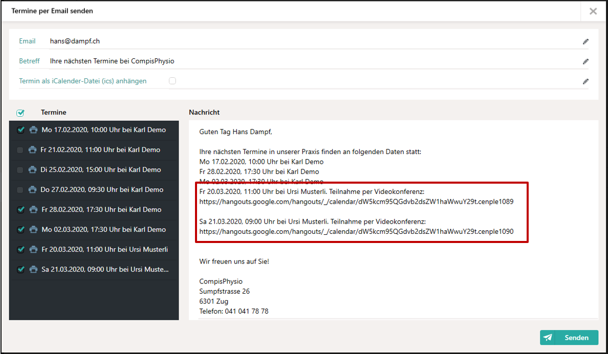 Envoyer la liste des rendez-vous avec les hangouts par mail