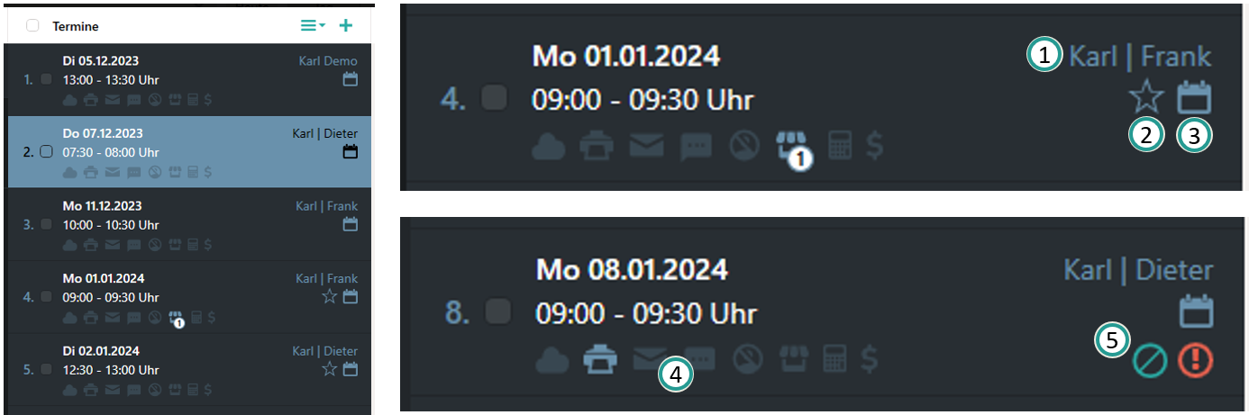 Symbole in der mittleren Spalte