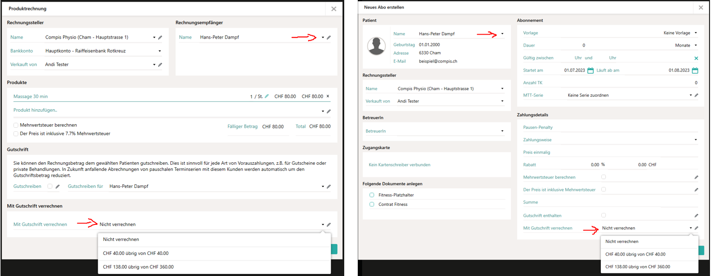 Gutschriften mit Abos oder Produkten verrechnen
