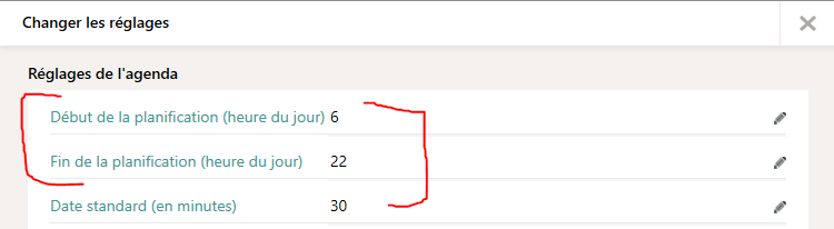 Réglages de l'agenda