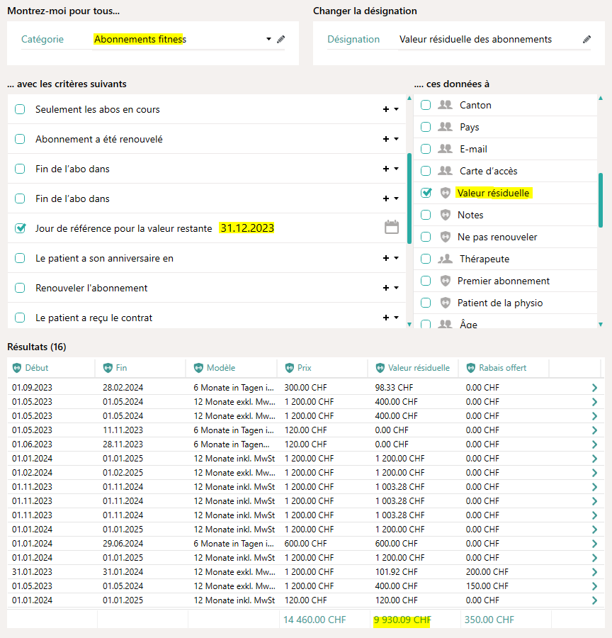 Valeur r&eacute;siduelle des abonnements