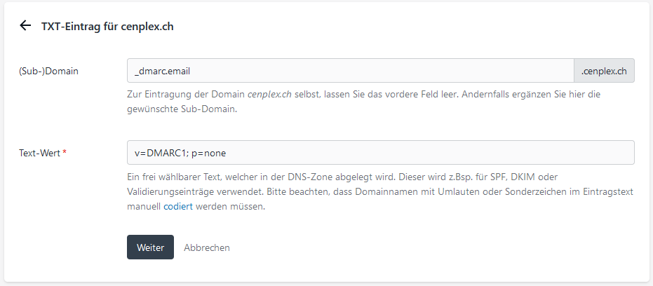 Beispiel f&uuml;r DMARC-Eintrag