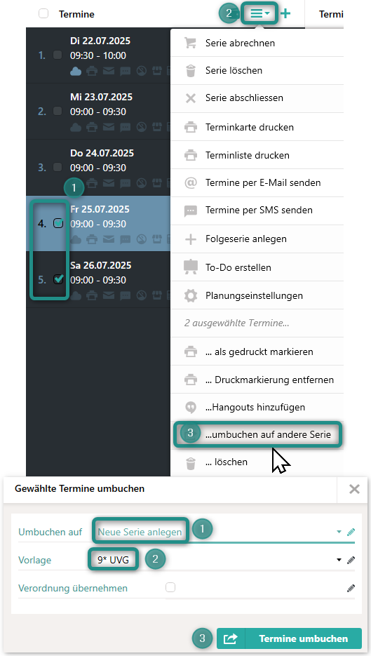 das Häkchen links neben den Terminen