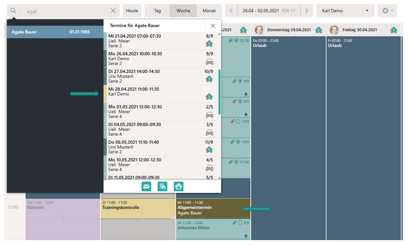 Allgemeintermine in Kalendersuche